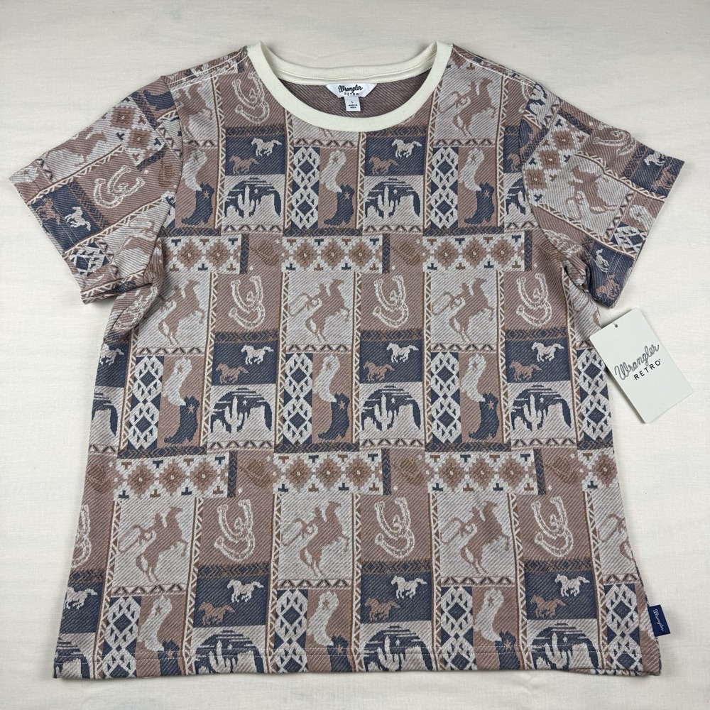 Wrangler Retro Women’s Large Patchwork Western Slim Tee Brown NWT 112360795